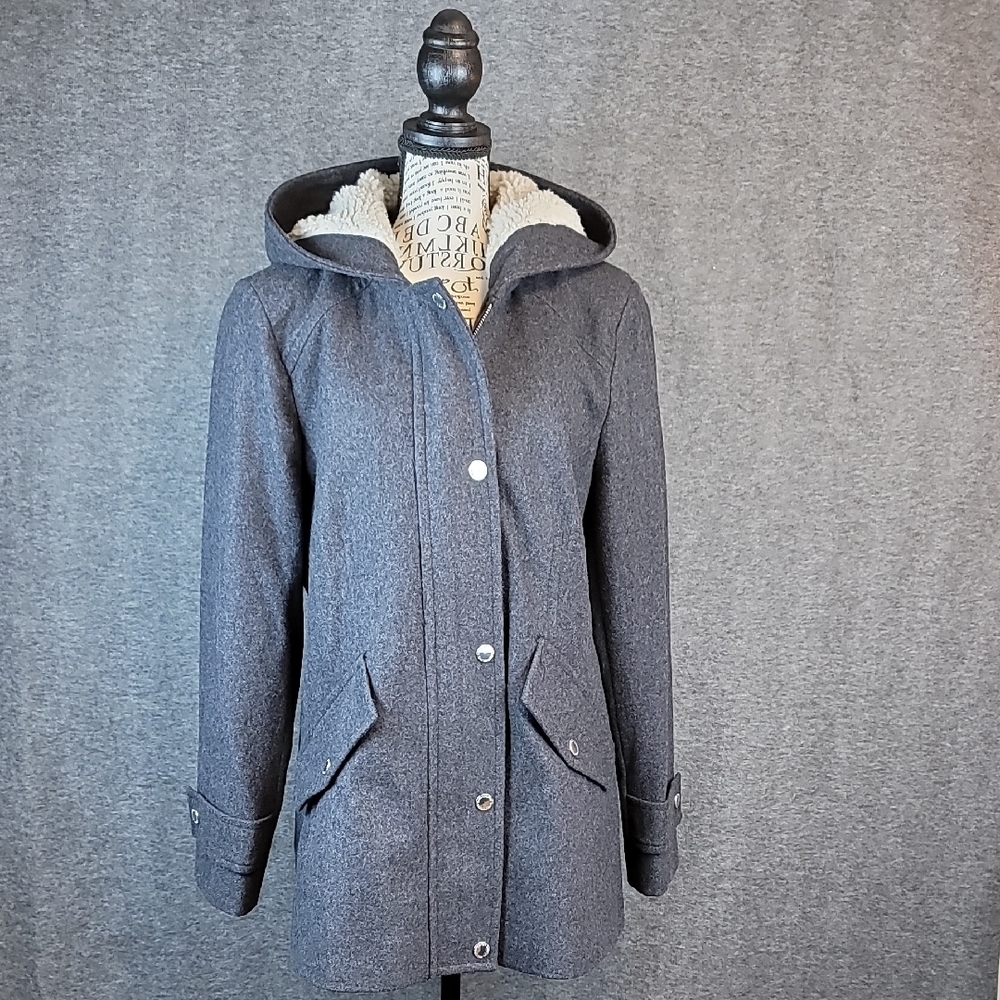 London Fog Wool Blend Charcoal Sherpa Hooded Utility Jacket Coat Size M